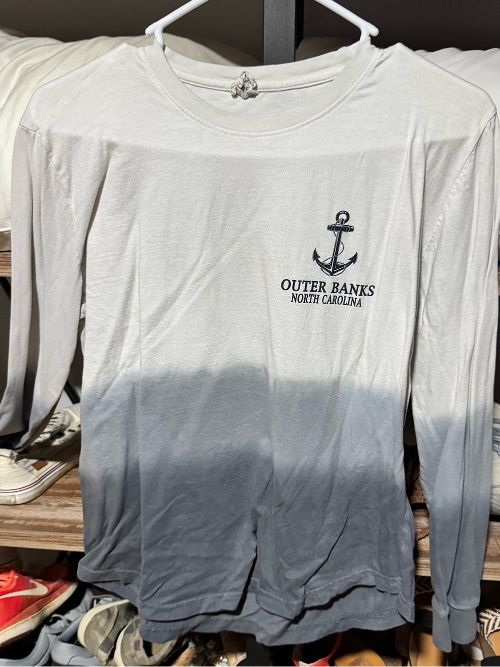 Exist White to Gray Dip-Dye Long Sleeve Shirt with Anchor Graphic